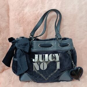 Juicy Couture Daydreamer Tote Bag Purse Blue Velour Ribbon Bow Logo